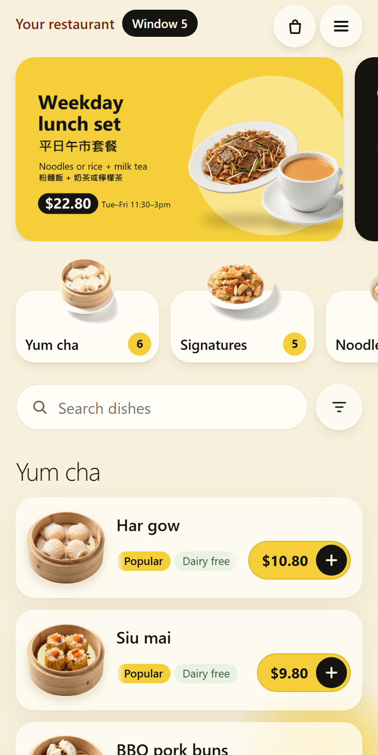 The OrderHero online menu on a phone: a Chinese restaurant's categories, dishes with photos, prices and add buttons.