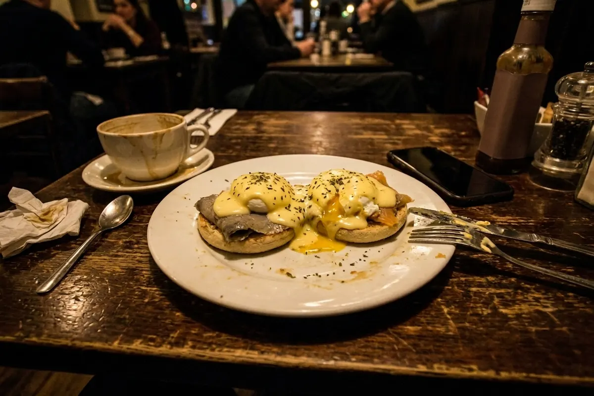 A dim, yellow phone photo of an eggs benedict on a cluttered table