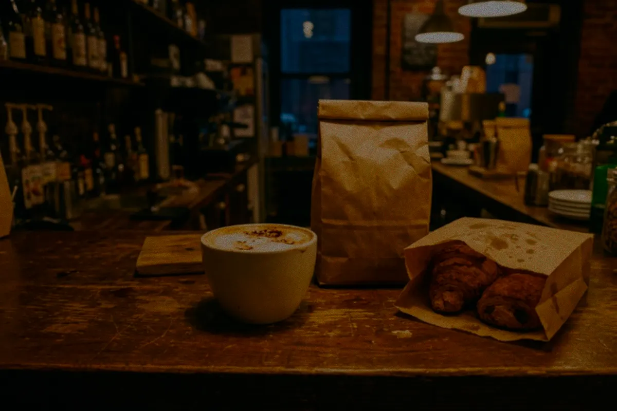 A dim phone photo of a coffee and a pastry on a counter